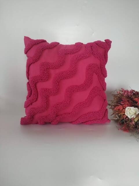 Punch Needle Vibrant Wavy Lines Cushion, Hand Tufted Pink Throw Pillow Cover, Embroidery Abstract Cover - image 1