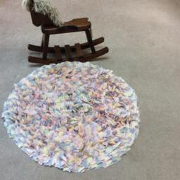 Baby Rag Rug, Pink, Yellow &gray Cotton With Tule, Boho Chic Area Shag Rugs, Shabby Floor Mat, Newborn Photo Rug - thumbnail 1