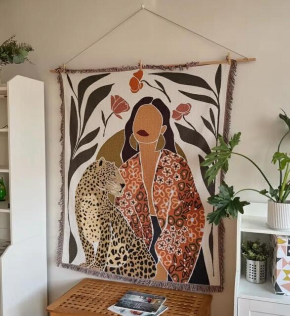 Woven Throw Blanket, Woman & Leopard Tapestry, Boho Botanical Wall Hanging, Eclectic Sofa Throw, Fringed Cotton Art, Housewarming Gift - image 1