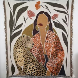 Woven Throw Blanket, Woman & Leopard Tapestry, Boho Botanical Wall Hanging, Eclectic Sofa Throw, Fringed Cotton Art, Housewarming Gift - thumbnail 2