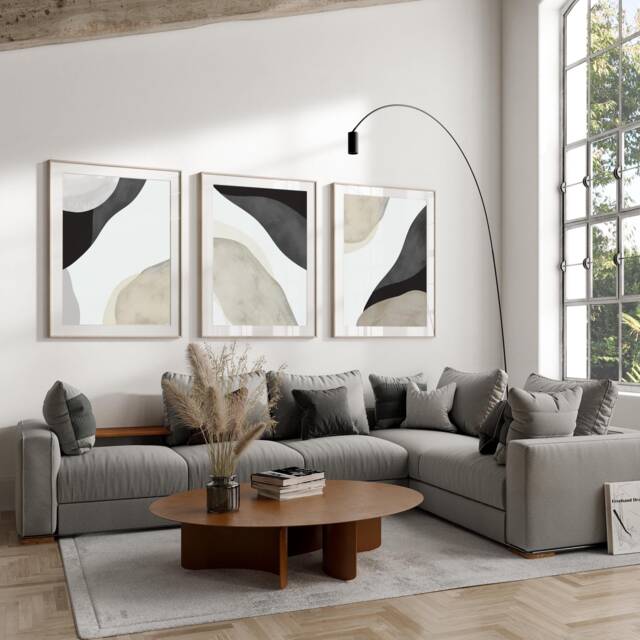 Abstract Wall Art Prints, Art, Set Of 3 Neutral Black & Beige Wall - image 1
