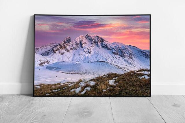 Calming Sunset Over Snowy Mountains Colorful Scenic Photography Print Framed Wall Art - image 1