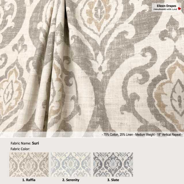 Suri 3 Colors Raffia Slate Serenity Floral Lotus Damask Arryanna Linen Blend Curtain, Valance Pleated, Lined Drapery Offered As Upgrades - image 1