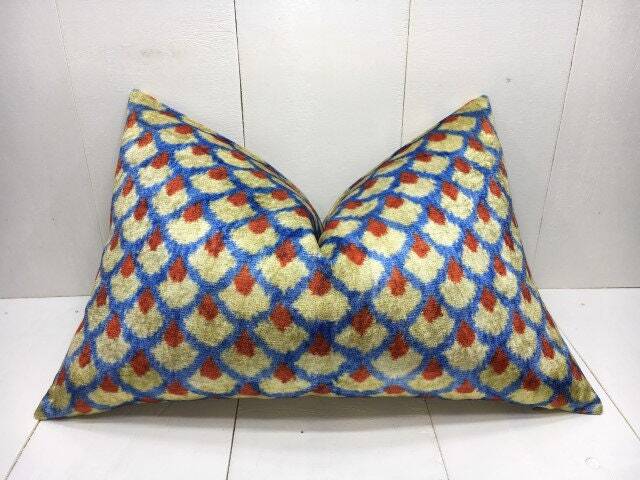 Ikat Silk Pillow Cover - 16x24 - Handwoven Velvet Cushion, Modern Home Decor - image 1