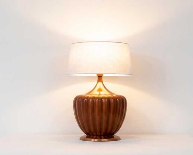 Table Lamp - Vintage Brown Ceramic Ribbed With Warm Linen Shade - Mid Century Modern Bedside Accent Lighting - image 1