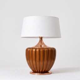 Table Lamp - Vintage Brown Ceramic Ribbed With Warm Linen Shade - Mid Century Modern Bedside Accent Lighting - thumbnail 2