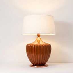 Table Lamp - Vintage Brown Ceramic Ribbed With Warm Linen Shade - Mid Century Modern Bedside Accent Lighting - thumbnail 3