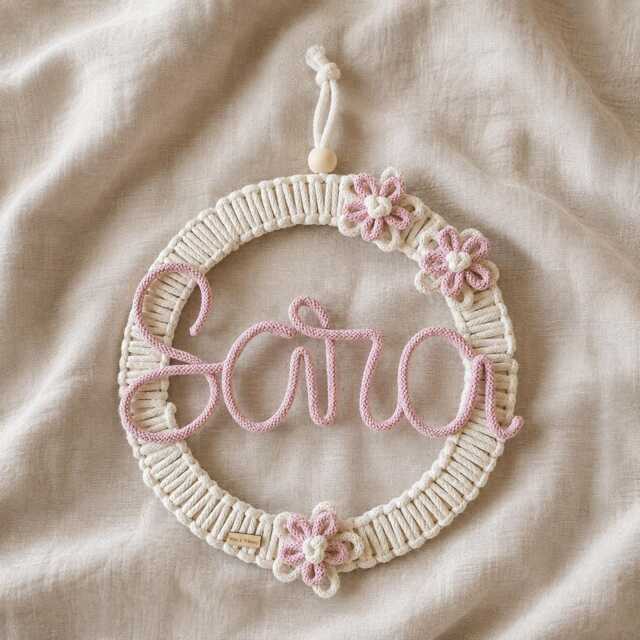 Knitted Wire Name On Macrame Hoop. Personalised Nursery Wall Hanging. Floral Home Decor - image 1