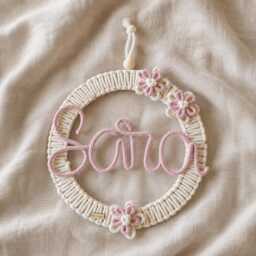 Knitted Wire Name On Macrame Hoop. Personalised Nursery Wall Hanging. Floral Home Decor - thumbnail 1