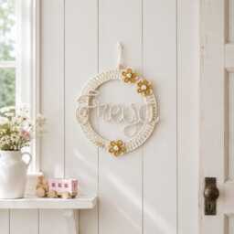 Knitted Wire Name On Macrame Hoop. Personalised Nursery Wall Hanging. Floral Home Decor - thumbnail 3