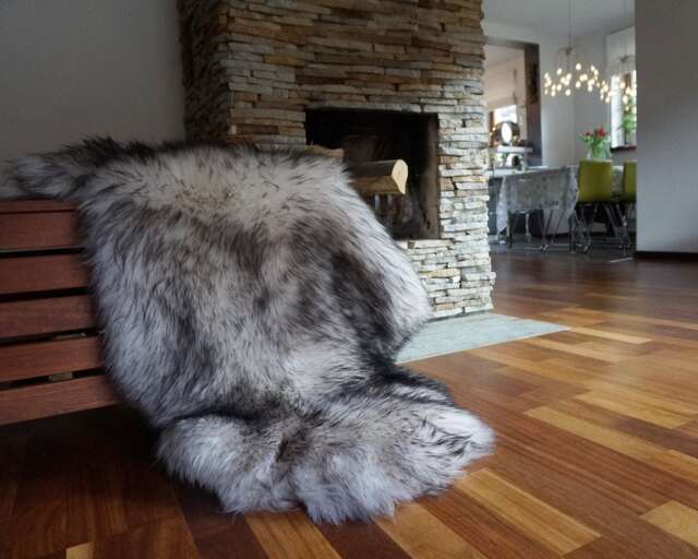 Natural Mouflon Sheepskin Rug, Black & White Shag Throw Carpet - image 1