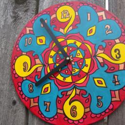 Turquoise & Red Mandala Record Clock - Psychedelic Bohemian Home Decor Geometric Design in Red, Yellow, On Recycled - thumbnail 3