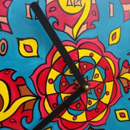 Turquoise & Red Mandala Record Clock - Psychedelic Bohemian Home Decor Geometric Design in Red, Yellow, On Recycled - thumbnail 2