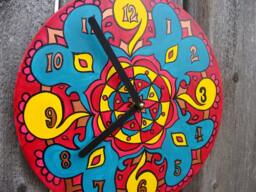 Turquoise & Red Mandala Record Clock - Psychedelic Bohemian Home Decor Geometric Design in Red, Yellow, On Recycled - thumbnail 1