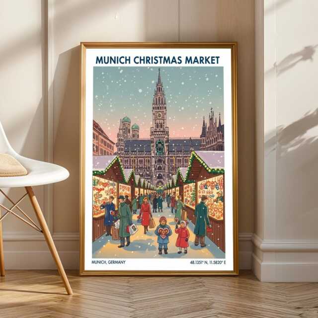 Munich Christmas Market Poster - Winter Wall Art German European Snow Cityscape Living Room - image 1