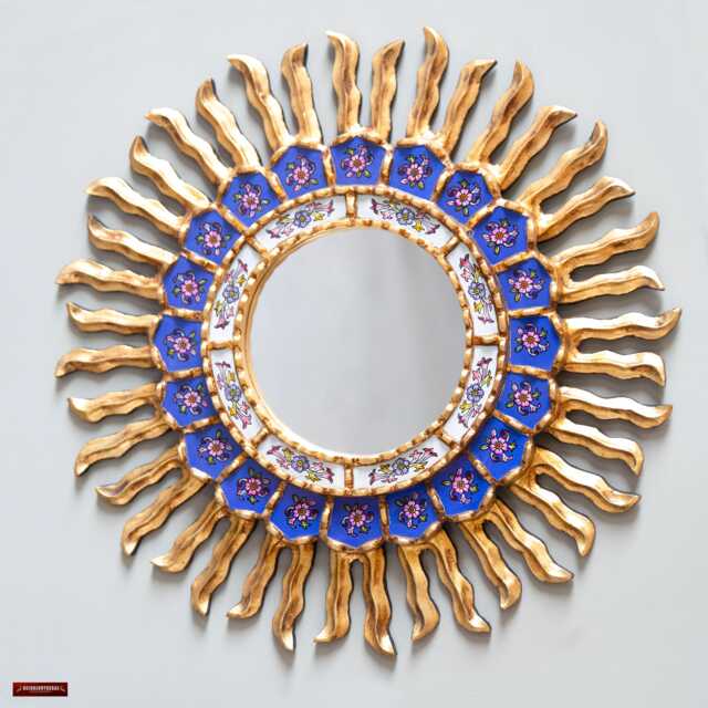 Blue Sapphire Floral Mirror 17.7In - Reverse Painted Glass On A Gilded Sunburst From Peru Dining Room Decor - image 1