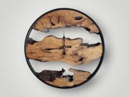 Custom Olive Wood Wall Clock Modern Metal Frame, Live Edge Decor - thumbnail 1