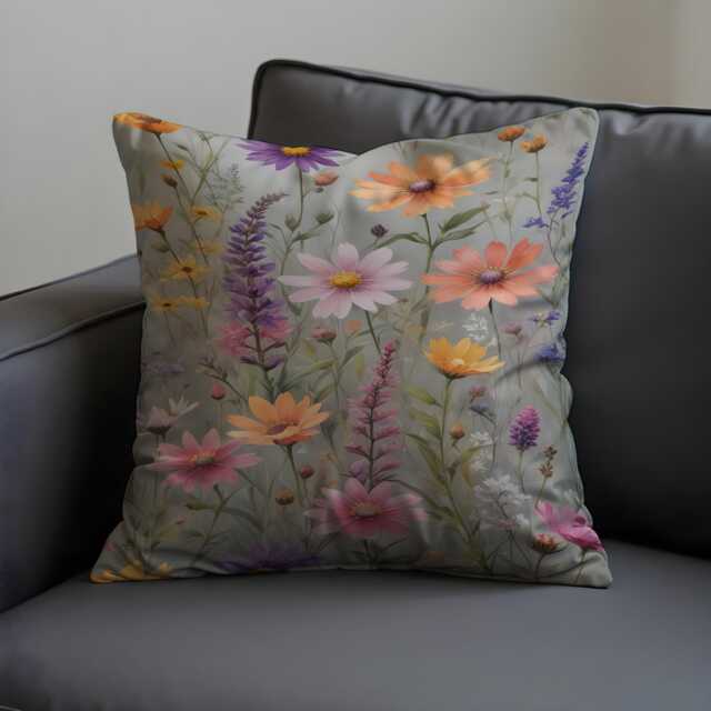 Wildflower Cushion Cover, Meadow Floral Pillow Case, Colourful Botanical Throw Case - image 1