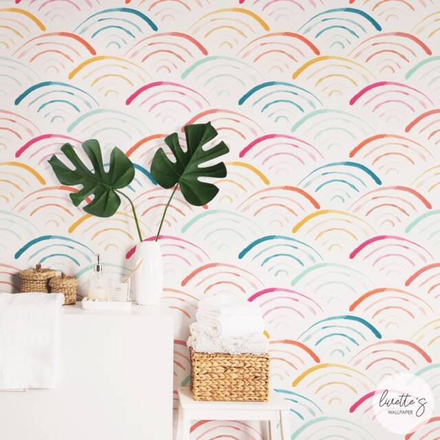Rainbow Scallop Removable Wallpaper, Watercolor Fish Scale, Traditional Or Temporary Wall Mural - image 1