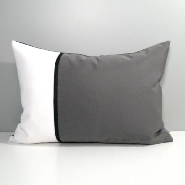 Grey & White Sunbrella?? Outdoor Pillow Cover in Modern Color Block With Black Trim, Masculine Gray Cushions For Pool & Patio Lounge Chairs - image 1