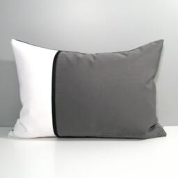 Grey & White Sunbrella?? Outdoor Pillow Cover in Modern Color Block With Black Trim, Masculine Gray Cushions For Pool & Patio Lounge Chairs - thumbnail 1