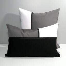 Grey & White Sunbrella?? Outdoor Pillow Cover in Modern Color Block With Black Trim, Masculine Gray Cushions For Pool & Patio Lounge Chairs - thumbnail 4