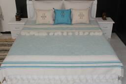 Moroccan Pompom Blanket Throw With Braided Tassels Hand Woven On A Wooden Loom, White, Turquoise Stripes For Bohemian & Eclectic Interiors - thumbnail 1