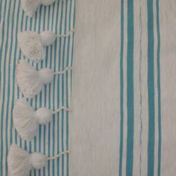 Moroccan Pompom Blanket Throw With Braided Tassels Hand Woven On A Wooden Loom, White, Turquoise Stripes For Bohemian & Eclectic Interiors - thumbnail 4