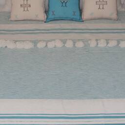 Moroccan Pompom Blanket Throw With Braided Tassels Hand Woven On A Wooden Loom, White, Turquoise Stripes For Bohemian & Eclectic Interiors - thumbnail 2