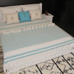 Moroccan Pompom Blanket Throw With Braided Tassels Hand Woven On A Wooden Loom, White, Turquoise Stripes For Bohemian & Eclectic Interiors - thumbnail 3