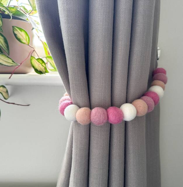 Princess Pink Felt Ball Curtain Tie Backs - Pom Hold Custom Ties Nursery Decor Baby Gift Colourful Pull - image 1