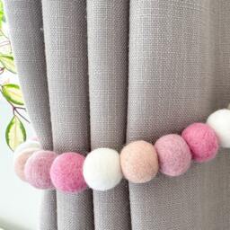 Princess Pink Felt Ball Curtain Tie Backs - Pom Hold Custom Ties Nursery Decor Baby Gift Colourful Pull - thumbnail 2