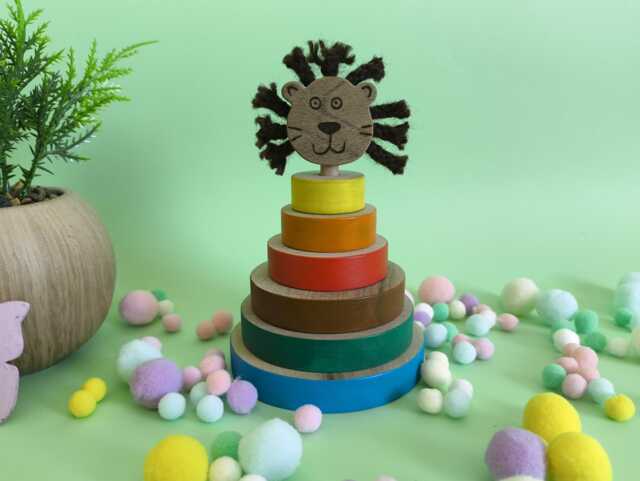 Wooden Lion Stacking Toy, Montessori Rainbow Stacker, Handmade Toddler Gift, Educational Baby Fine Motor Skills Toy - image 1