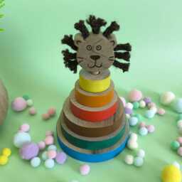 Wooden Lion Stacking Toy, Montessori Rainbow Stacker, Handmade Toddler Gift, Educational Baby Fine Motor Skills Toy - thumbnail 2