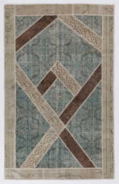 Turquoise Blue, Brown & Beige Patchwork Rug - image 1