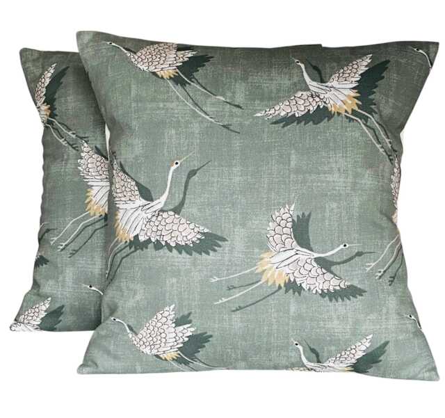 "2 X Stork Cranes Birds Olive Scatter Pillow Cushion Covers 16"" 18" - image 1