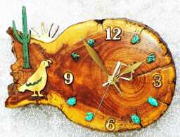 "Quail With Sunburst, Saguaro, & Turquoise Stones Log Cabin Style 11"" X 7.5"" 2.5"