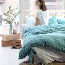3-Piece Linen Bedding Set Turquoise Blue Duvet & Pillow Covers - thumbnail 3