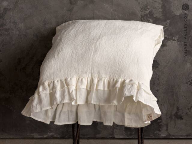 Off White Linen Pillow Sham With Ruffles - Cream Softened Pillow- Ivory Standard, Queen, King, Deco, Lumbar Sizes - image 1