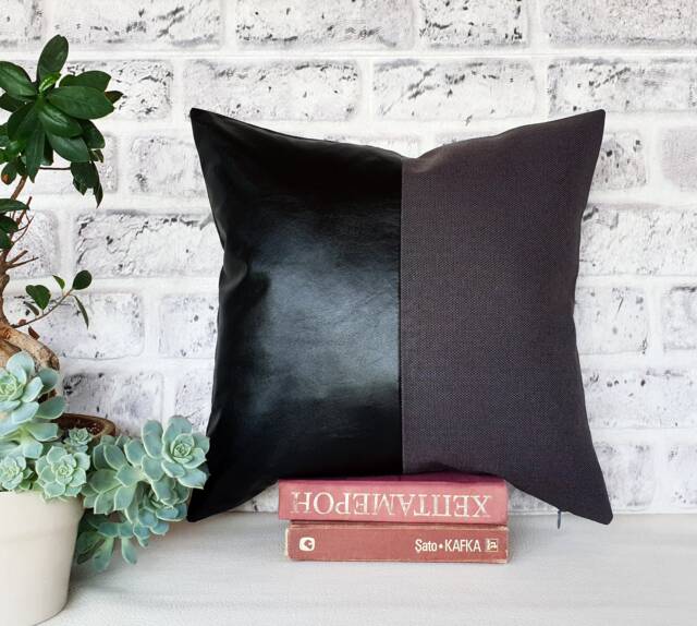 Black Faux Leather & Anthracite Linen Pillow Cover - image 1