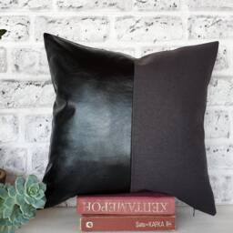 Black Faux Leather & Anthracite Linen Pillow Cover - thumbnail 2