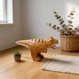 Hand-Carved Wooden T-Rex Figurine, Rustic Dinosaur Decor, Whimsical Wood Carving Art, Unique Desk Ornament, Gift For Paleontology Lovers - thumbnail 4