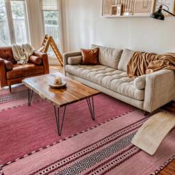 Pink Kilim Rug, Indian Handmade Flat Weave Bohemian Ethnic Moroccan Inspired Decor Carpet - thumbnail 4