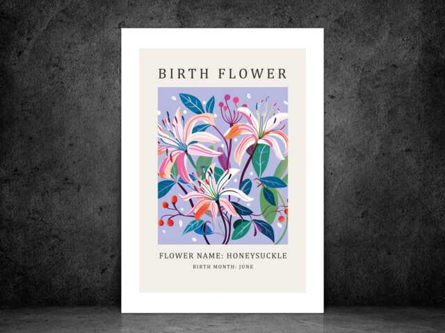 Birth Flower Print June Honeysuckle - Birthday Month Poster Botanical Wall Art Gift Idea A5 A4 A3 Framed Or Unframed - image 1