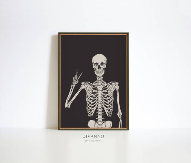 Skeleton Peace Sign Print, Halloween Party Wall Decor, Funny Gothic Art Modern Apartment Poster, Printable Art, Gift - image 1