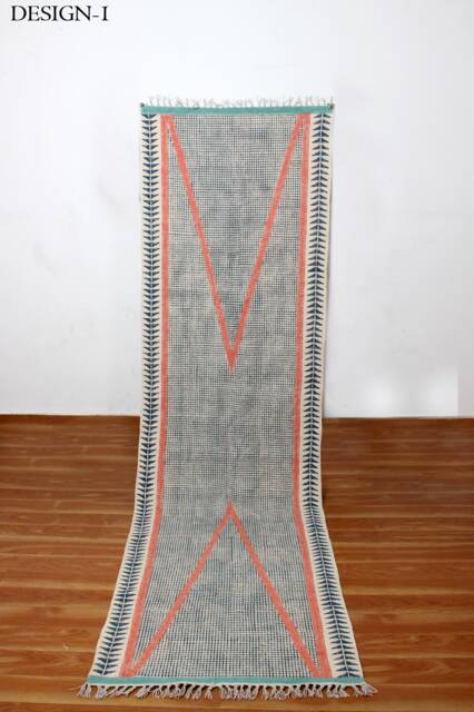 Hand Block Printed Cotton Hallway Runner Rug, Blue Pink Kilim - image 1
