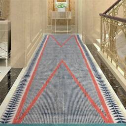 Hand Block Printed Cotton Hallway Runner Rug, Blue Pink Kilim - thumbnail 2