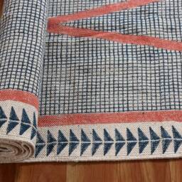 Hand Block Printed Cotton Hallway Runner Rug, Blue Pink Kilim - thumbnail 3
