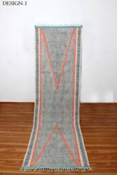 Hand Block Printed Cotton Hallway Runner Rug, Blue Pink Kilim - thumbnail 1