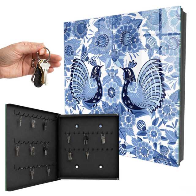 Folk Birds Wall Mounted Key Cabinet, Blue Box For Home, Illustrative Art, Art Lovers - image 1